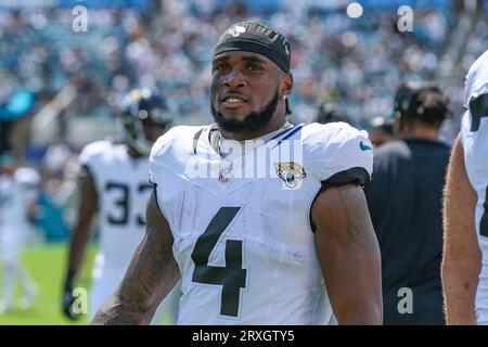 Jacksonville Jaguars running back Tank Bigsby runs with the ball prior to  an NFL Football game in Arlington, Texas, Saturday, August 12, 2023. (AP  Photo/Michael Ainsworth Stock Photo - Alamy