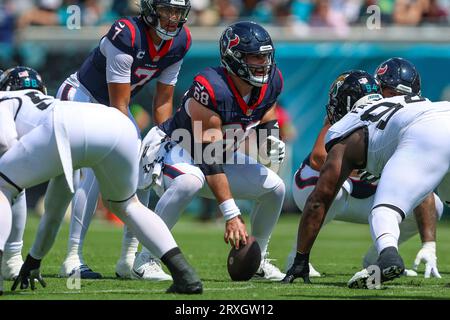 New Orleans, USA. 27th Aug, 2023. Houston Texans quarterback C.J. Stroud  (7) sets up behind center Jarrett Patterson (68) during a National Football  League preseason game at the Caesars Superdome in New