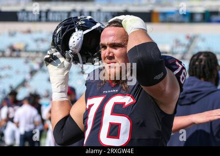 New Orleans, USA. 27th Aug, 2023. Houston Texans offensive tackle Austin  Deculus (76) and center Jarrett Patterson (68) both close in on New Orleans  Saints defensive end Kyle Phillips (91) During a