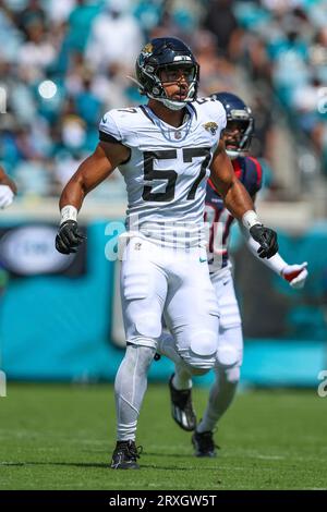 Jacksonville Jaguars linebacker Caleb Johnson (57) leaves the field after  an NFL pre-season football game against the Miami Dolphins, Saturday, Aug.  26, 2023, in Jacksonville, Fla. The Jaguars defeated the Dolphins 31-18. (