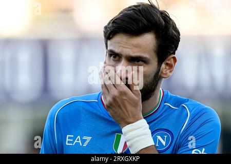 Khvicha Kvaratskhelia of SSC Napoli looks dejected during the Serie A football match between Bologna FC and SSC Napoli at Renato Dall'Ara stadium in Bologna (Italy), September 24th, 2023. Stock Photo