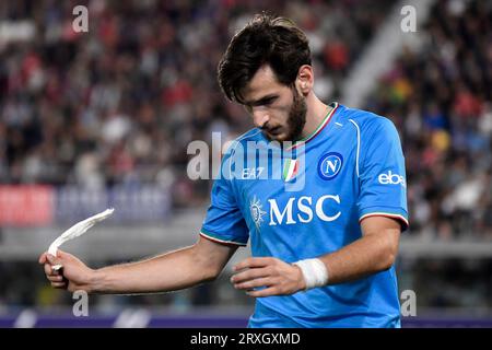 Khvicha Kvaratskhelia of SSC Napoli looks dejected during the Serie A football match between Bologna FC and SSC Napoli at Renato Dall'Ara stadium in Bologna (Italy), September 24th, 2023. Stock Photo