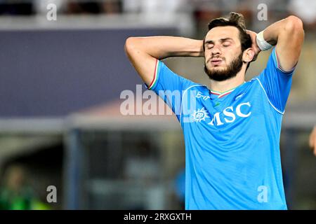 Khvicha Kvaratskhelia of SSC Napoli looks dejected during the Serie A football match between Bologna FC and SSC Napoli at Renato Dall'Ara stadium in Bologna (Italy), September 24th, 2023. Stock Photo