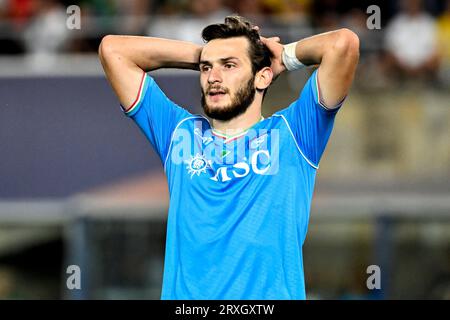 Khvicha Kvaratskhelia of SSC Napoli looks dejected during the Serie A football match between Bologna FC and SSC Napoli at Renato Dall'Ara stadium in Bologna (Italy), September 24th, 2023. Stock Photo