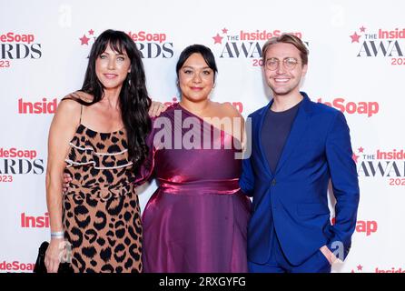 (left to right) Kirsty Mitchell, Sarah Seggari and Barney Walsh attending the Inside Soap Awards at Salsa Temple in London. Picture date: Monday September 25, 2023. Stock Photo