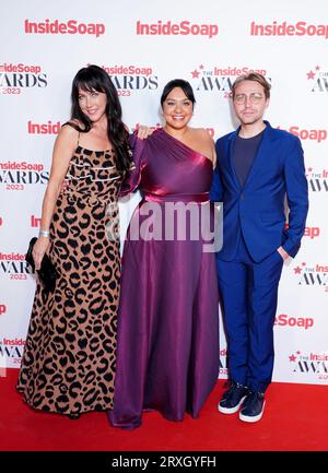 (left to right) Kirsty Mitchell, Sarah Seggari and Barney Walsh attending the Inside Soap Awards at Salsa Temple in London. Picture date: Monday September 25, 2023. Stock Photo