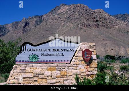 Park entrance sign, Guadalupe Mountains National Park, Texas Stock Photo