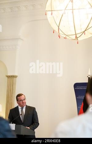 RIGA, Latvia. 25th Sep, 2023. Boris Pistorius (at photo), Minister of Defence of Germany and Andris Spruds, Minister of Defence of Latvia, during press conference. Credit: Gints Ivuskans/Alamy Live News Stock Photo