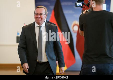 RIGA, Latvia. 25th Sep, 2023. Boris Pistorius (at photo), Minister of Defence of Germany and Andris Spruds, Minister of Defence of Latvia, during press conference. Credit: Gints Ivuskans/Alamy Live News Stock Photo