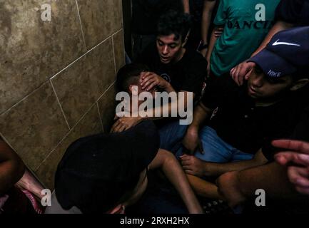 Gaza City, Palestine. 25th Sep, 2023. Mourners react during the funeral of Palestinian Majdi Ghabayen, who died of wounds sustained in an explosion during a rally near the border fence with Israel on September 13, in Beit Lahia in the northern Gaza Strip. (Photo by Mahmoud Issa/SOPA Images/Sipa USA) Credit: Sipa USA/Alamy Live News Stock Photo