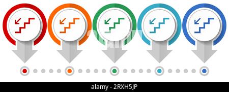 Staircase vector icon set, flat design infographic template, set pointer concept icons in 5 color options for webdesign and mobile applications Stock Vector