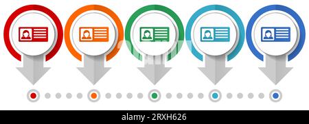 Identity card vector icon set, flat design infographic template, set pointer concept icons in 5 color options for webdesign and mobile applications Stock Vector