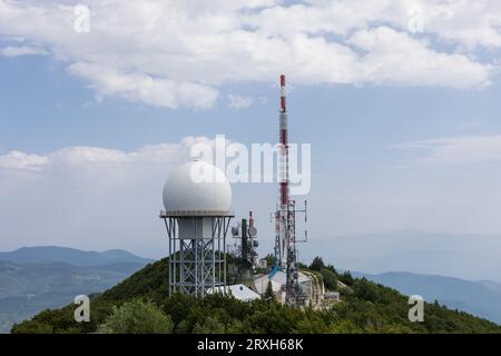 Telecommunications tower and a military radar on the top of Ucka mountain, Istria, Croatia Stock Photo