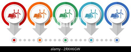 Wind turbines, renewables vector icon set, flat design infographic template, set pointer concept icons in 5 color options for webdesign and mobile app Stock Vector