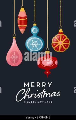 Christmas greeting Poster or Card with decorative Vintage glass balls. Vector illustration in retro style Stock Vector