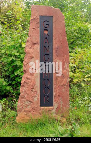 Grangemoor metal and vertical rock sign on Ely Trail. Grangemoor Community Park, Grangetown, Cardiff, Wales. Taken September 2023 Stock Photo