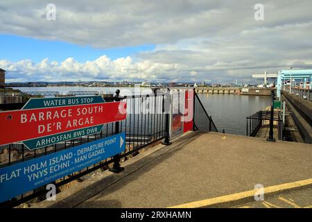 Signs for Water Bus Stop, on the Cardiff Barrage - Departure Point for Flat Holm Island. Taken September 2023 Stock Photo