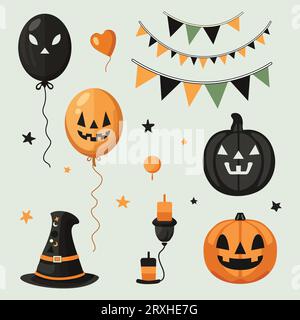 Halloween Vector Elements Set - Creepy Balloons, Pumpkins, Flags, Candle, and Witch Hat in Green, Orange, and Black Stock Vector