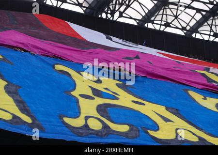 Milan, Italy, 16th September 2023. A close up of the AC Milan fans’ choreography during the Serie A match at Giuseppe Meazza, Milan. Picture credit should read: Jonathan Moscrop / Sportimage Stock Photo