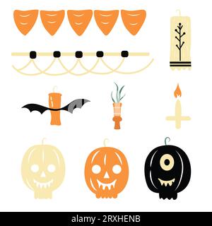 Halloween Vector Elements Set - Creepy Pumpkins, Flags, and Candles in  Orange and Yellow Pastels Stock Vector