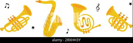 Wind musical instruments. Tuba, trumpet, french horn, saxophone. Vector illustration. Stock Vector