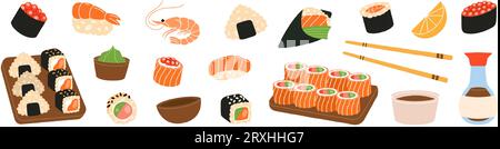 Sushi and rolls set. Sushi rolls. Tobiko maki, philadelphia roll, onigiri, shrimp nigiri, tekkamaki tuna roll, futomaki, sake temaki, soy bowl, vasabi Stock Vector
