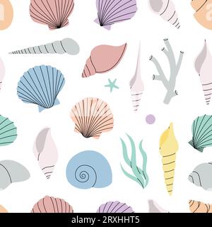 Sea shells pattern. Pearl shells seamless banner. Freshwater algae, corals, starfish, sea mollusks, scallop, pearls. Vector illustration. Stock Vector