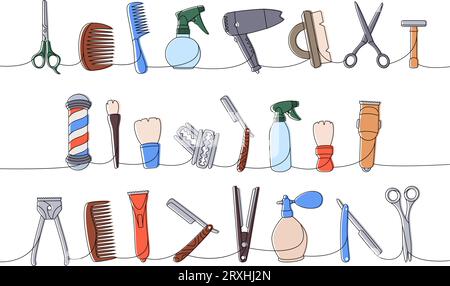 Set of barber shop tools one line colored continuous drawing. Makeup brush, hair clipper, comb, sharp razor blade, hair straightener, scissors, dryer Stock Vector
