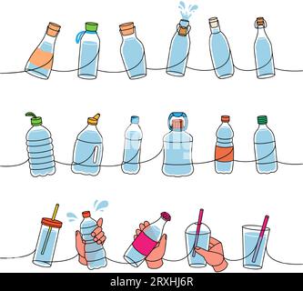 Bottles one line colored continuous drawing. Different types of bottles continuous one line illustration. Vector minimalist linear illustration. Stock Vector