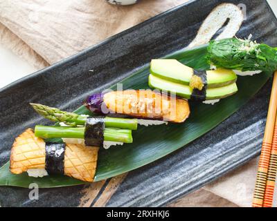 Top down view of vegetable nigiri sushi. Stock Photo