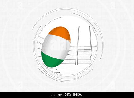 Ireland flag on rugby ball, lined circle rugby icon with ball in a crowded stadium. Vector sport emblem on abstract background. Stock Vector