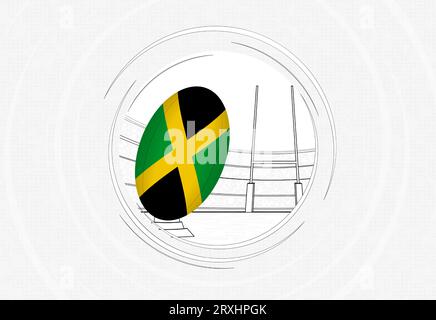 Jamaica flag on rugby ball, lined circle rugby icon with ball in a crowded stadium. Vector sport emblem on abstract background. Stock Vector