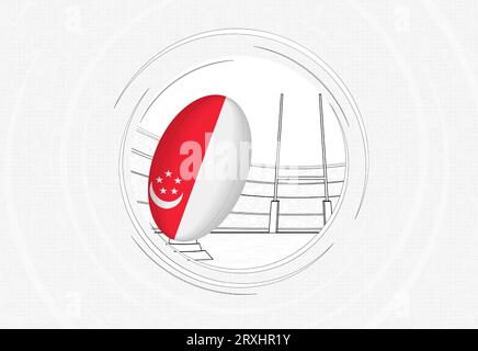 Singapore flag on rugby ball, lined circle rugby icon with ball in a crowded stadium. Vector sport emblem on abstract background. Stock Vector