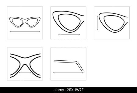 Set of Glasses Size Chart measurement Eye frame fashion medical accessory illustration. Sunglass silhouette style, flat rim spectacles eyeglasses sketch style outline isolated on white background Stock Vector