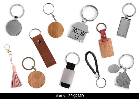 Set of different key chains isolated on white Stock Photo