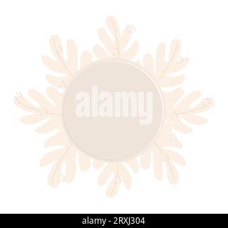 Round frame with foliage, sun with rays in the form of leaves, light beige color vector illustration Stock Vector