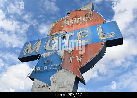 ORANGE, CALIFORNIA - 20 SEPT 2023: Closeup of the Angel Motel  sign on Chapman Avenue in the City of Orange. Stock Photo
