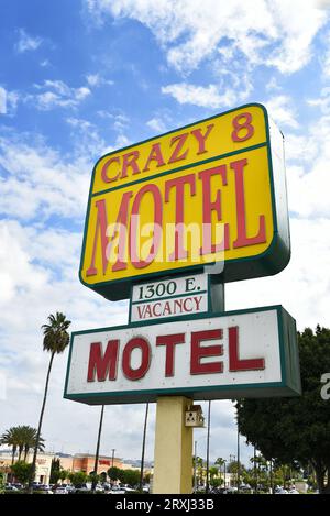 ANAHEIM, CALIFORNIA - 20 SEPT 2023: Sign at the Crazy 8 Motel on Katell Avenue. Stock Photo