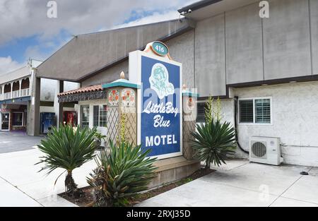 ANAHEIM, CALIFORNIA - 20 SEPT 2023: Sign at the little Boy Blue Motel on Katell Avenue near theme parks and the Convention Center. Stock Photo