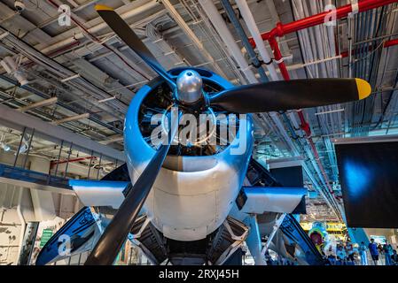 A plane's propeller, also known as an aircraft propeller or aircraft prop. Stock Photo