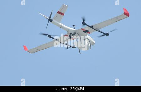Ghaziabad, India. 25th Sep, 2023. GHAZIABAD, INDIA - SEPTEMBER 25: Drone show their ability can be used for multiple tasks at the Hindon Air Force Station during the Drone Shakti 2023 exhibition on September 25, 2023 in Ghaziabad, India. (Photo by Sakib Ali/Hindustan Times/Sipa USA) Credit: Sipa USA/Alamy Live News Stock Photo