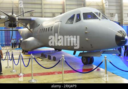 Ghaziabad, India. 25th Sep, 2023. GHAZIABAD, INDIA - SEPTEMBER 25: A view of C-295 MW transport aircraft during its induction into Indian Air Force at the Hindon Air Force Station on September 25, 2023 in Ghaziabad, India. (Photo by Sakib Ali/Hindustan Times/Sipa USA) Credit: Sipa USA/Alamy Live News Stock Photo