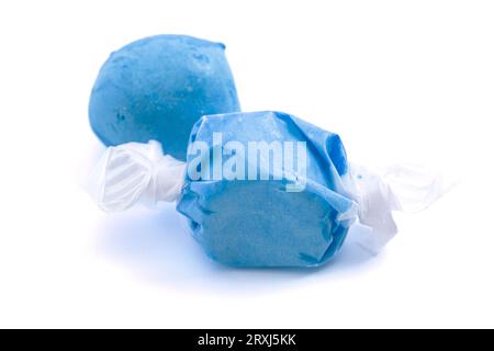 Blue Freeze Dried Saltwater Taffy on a White Background Stock Photo