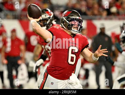 Tampa, United States. 25th Sep, 2023. Tampa Bay Buccaneers quarterback Baker Mayfield (6) passes against the Philadelphia Eagles during the first half at Raymond James Stadium in Tampa, Florida on Monday, September 25, 2023. Photo by Steve Nesius/UPI Credit: UPI/Alamy Live News Stock Photo