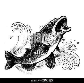 Jumping fish. Hand-drawn ink black and white drawing Stock Photo