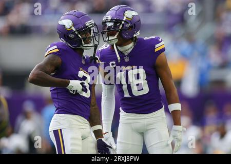 Minnesota Vikings wide receiver Justin Jefferson (18) in action during the  first half of an NFL football game against the Los Angeles Chargers,  Sunday, Sept.24, 2023 in Minneapolis. (AP Photo/Stacy Bengs Stock