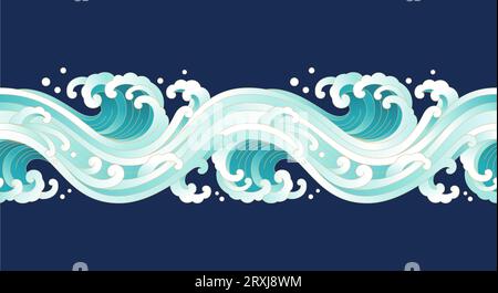 water wave ripple oriental flat gradient vintage style ornament line art vector illustration seamless pattern Stock Vector