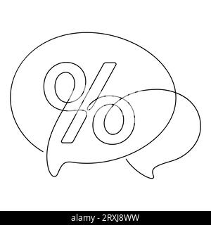 discount icon in one line drawing. Percent sign and speech bubble talking message continuous drawing thin line minimalism Stock Vector