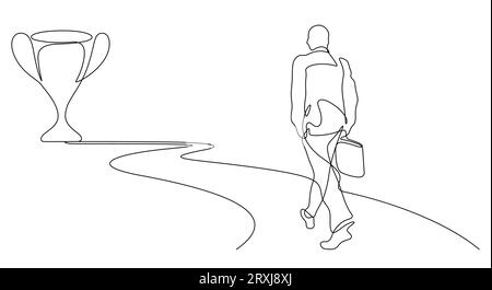 business man walking on the road to success trophy award in continuous line drawing vector illustration Stock Vector