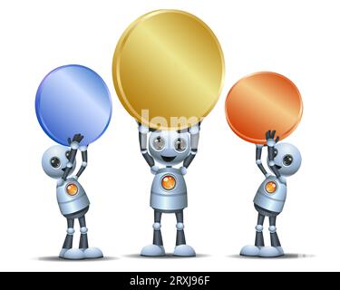 3D illustration of three little robot  hold coin on isolated white background Stock Photo